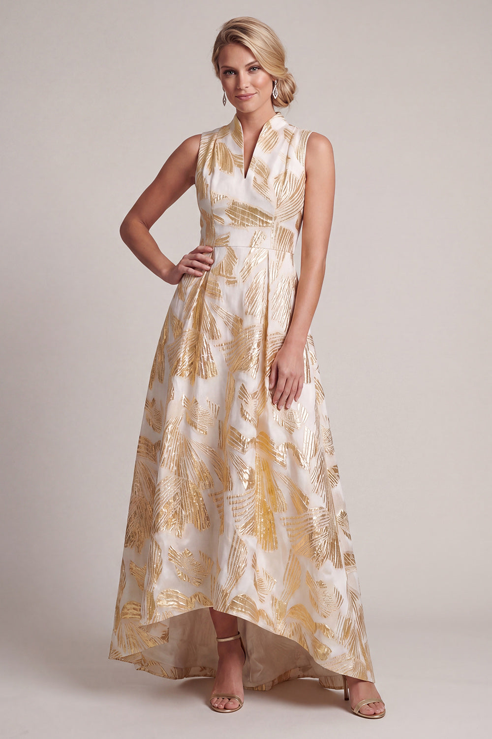 Sparkly A Line V-Neck Champagne Long Floral Mother of the Bride Dress