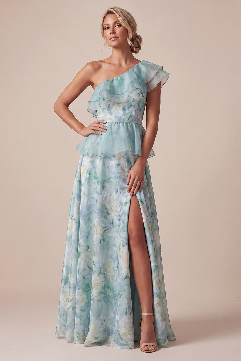 Ruffled Light Green A Line Floral Long Mother of the Bride Dress with Slit