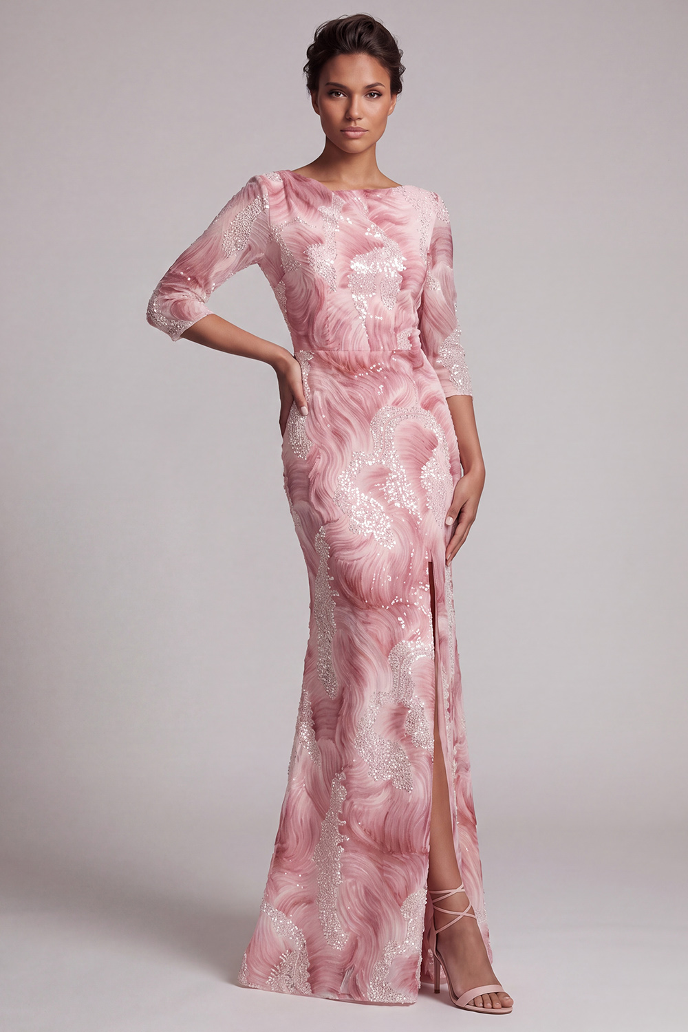 Sparkly Mermaid Blush Ruched Long Beaded Mother of the Bride Dress with Slit