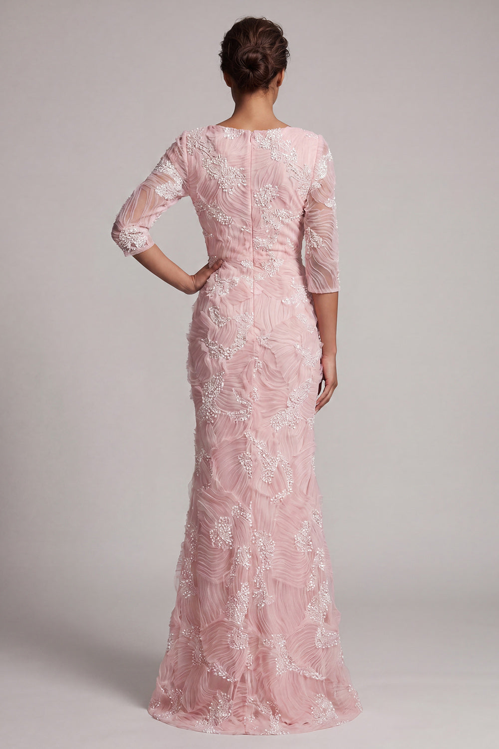 Sparkly Mermaid Blush Ruched Long Beaded Mother of the Bride Dress with Slit