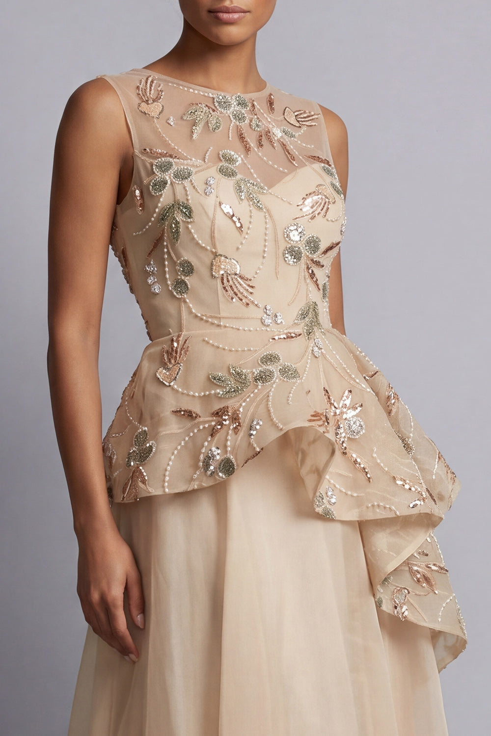 Champagne Long Floral Beaded A Line Mother of the Bride Dress with Ruffles