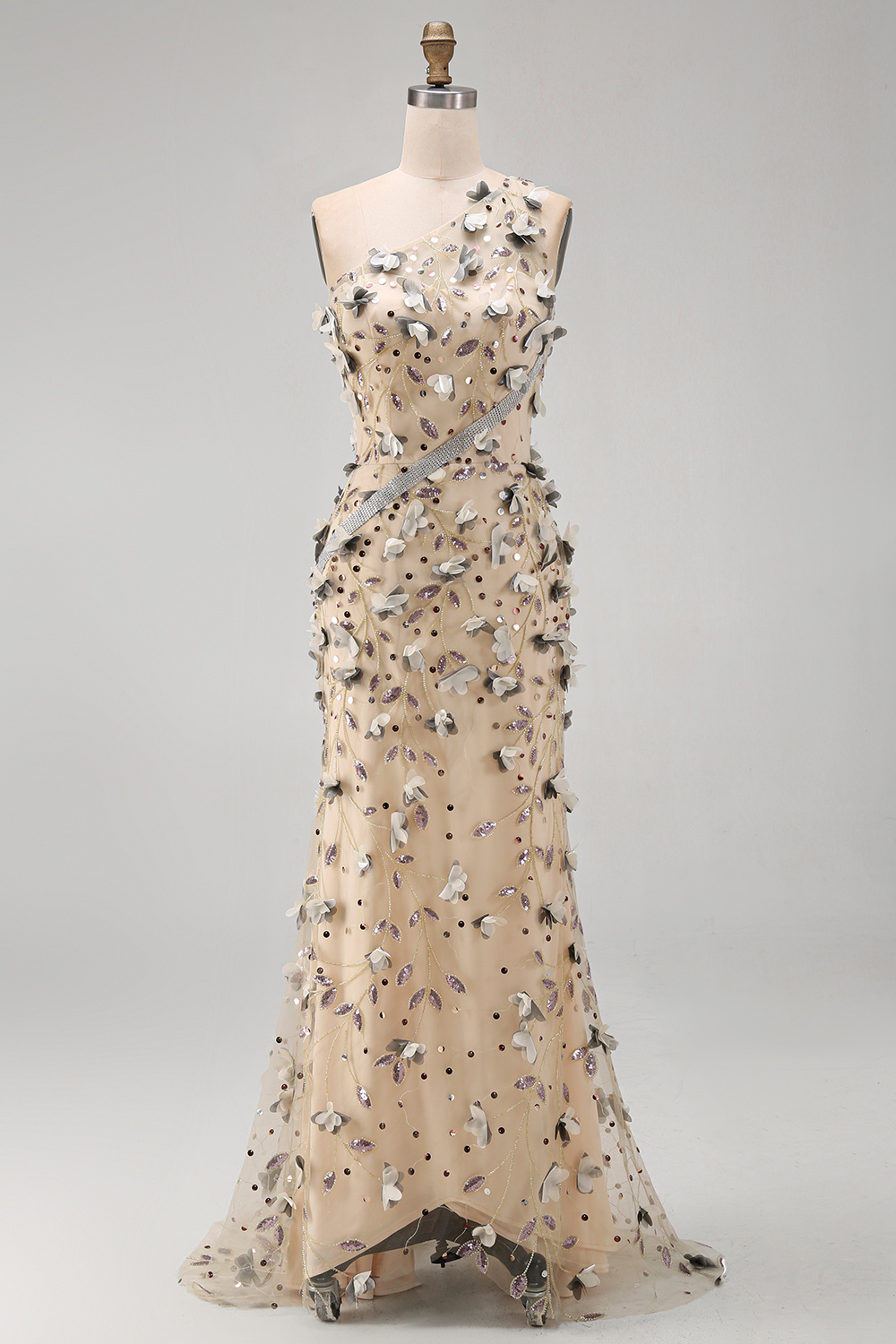 Floral Sparkly Apricot Long Beaded Mermaid Mother of the Bride Dress