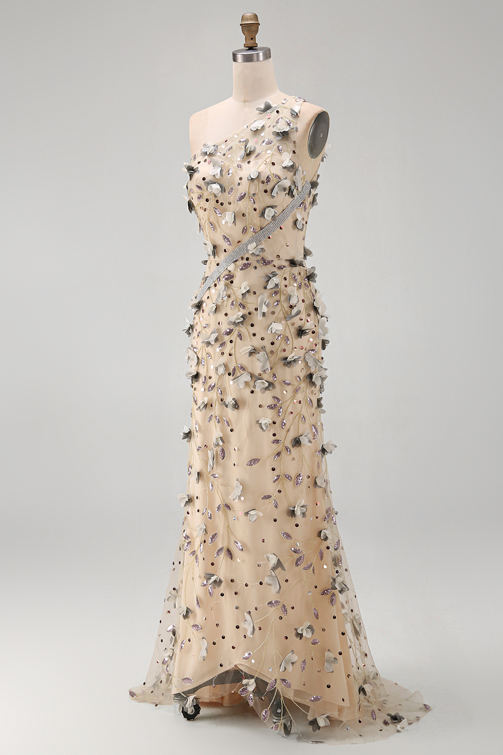 Floral Sparkly Apricot Long Beaded Mermaid Mother of the Bride Dress