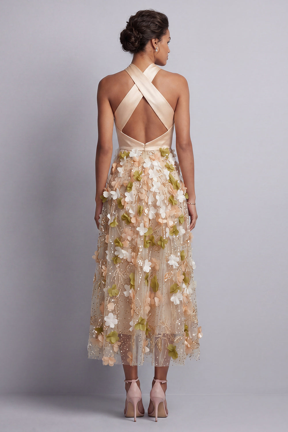 Sparkly Champagne Long A Line Floral Beaded Mother of the Bride Dress