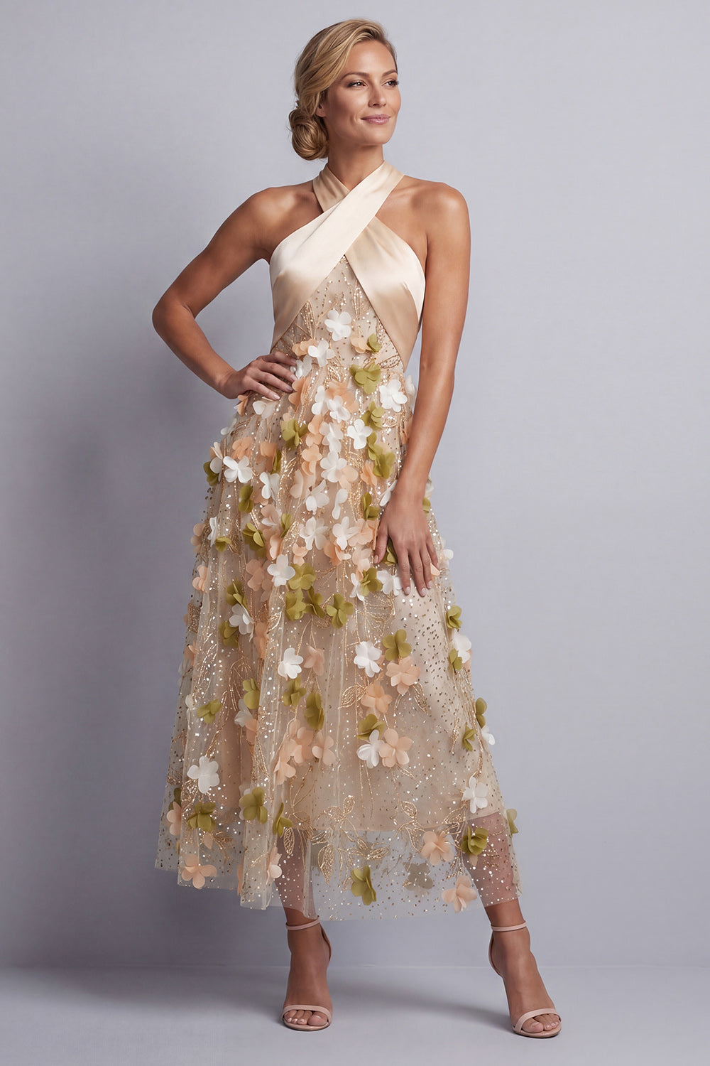 Sparkly Champagne Long A Line Floral Beaded Mother of the Bride Dress