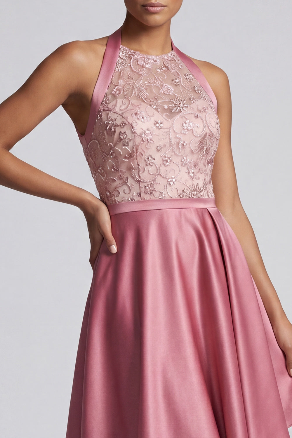 Asymmetrical Floral Pink A Line Halter Beaded Mother of the Bride Dress