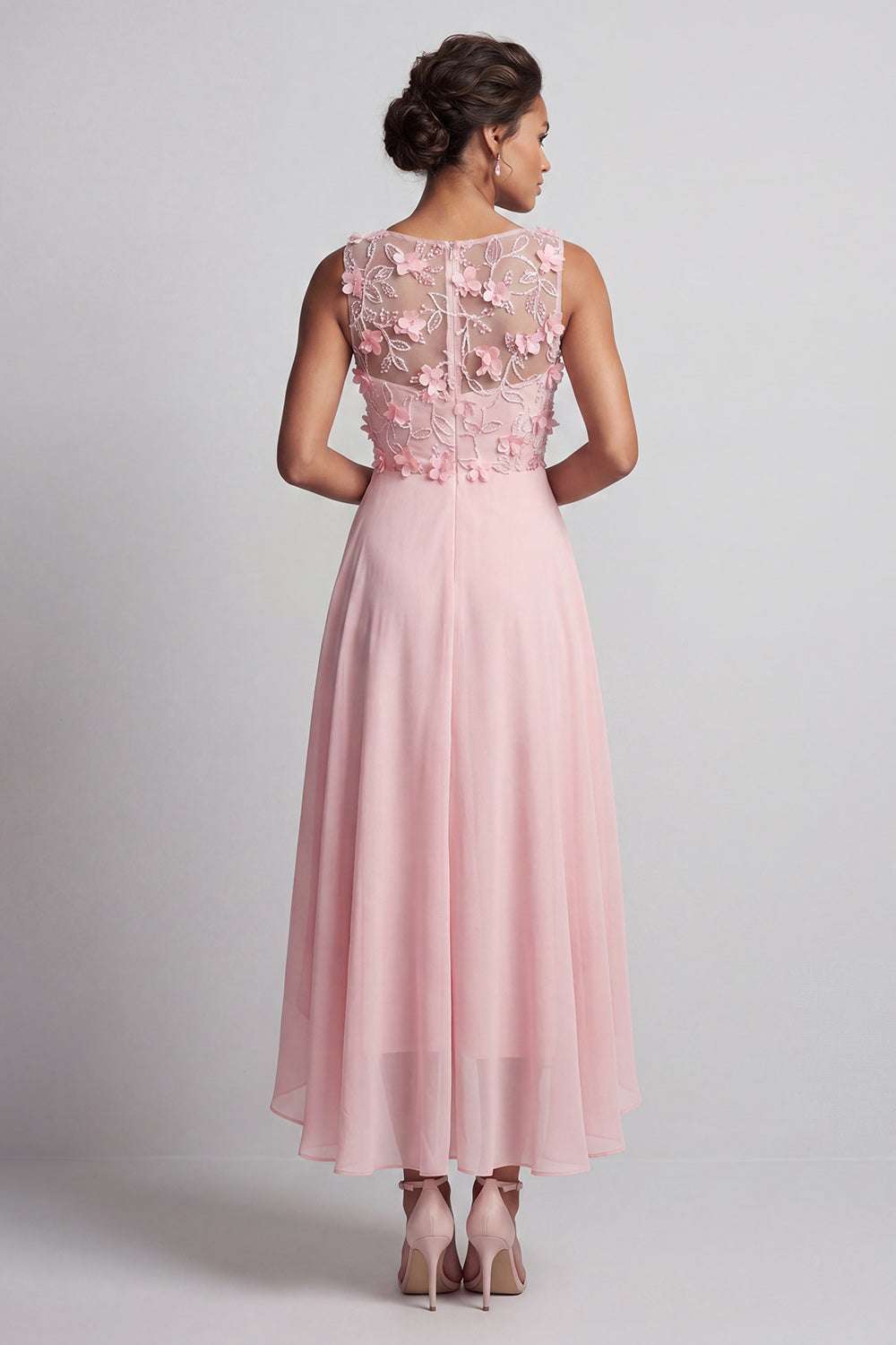 Ruffled Pink Long Floral Beaded Mother of the Bride Dress with Pockets