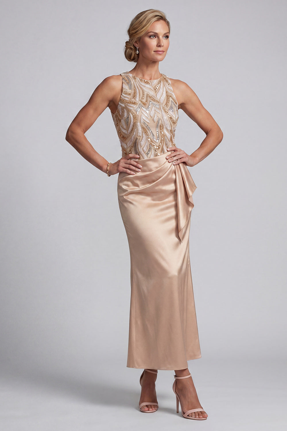Sparkly Champagne Long Beaded Mermaid Mother of the Bride Dress with Sash
