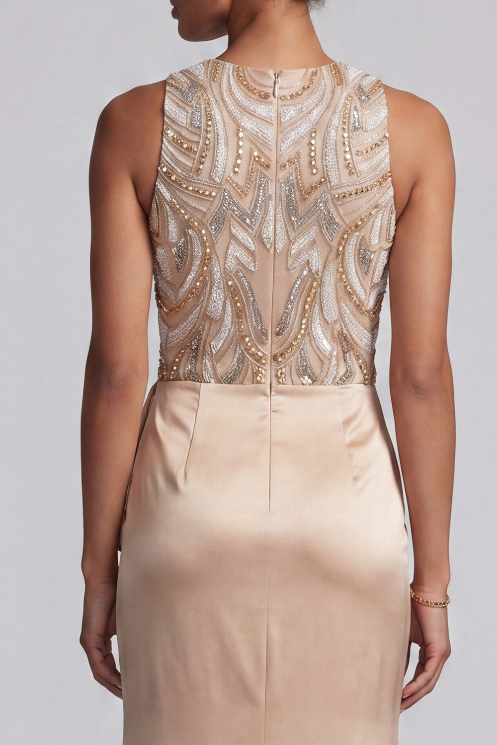 Sparkly Champagne Long Beaded Mermaid Mother of the Bride Dress with Sash