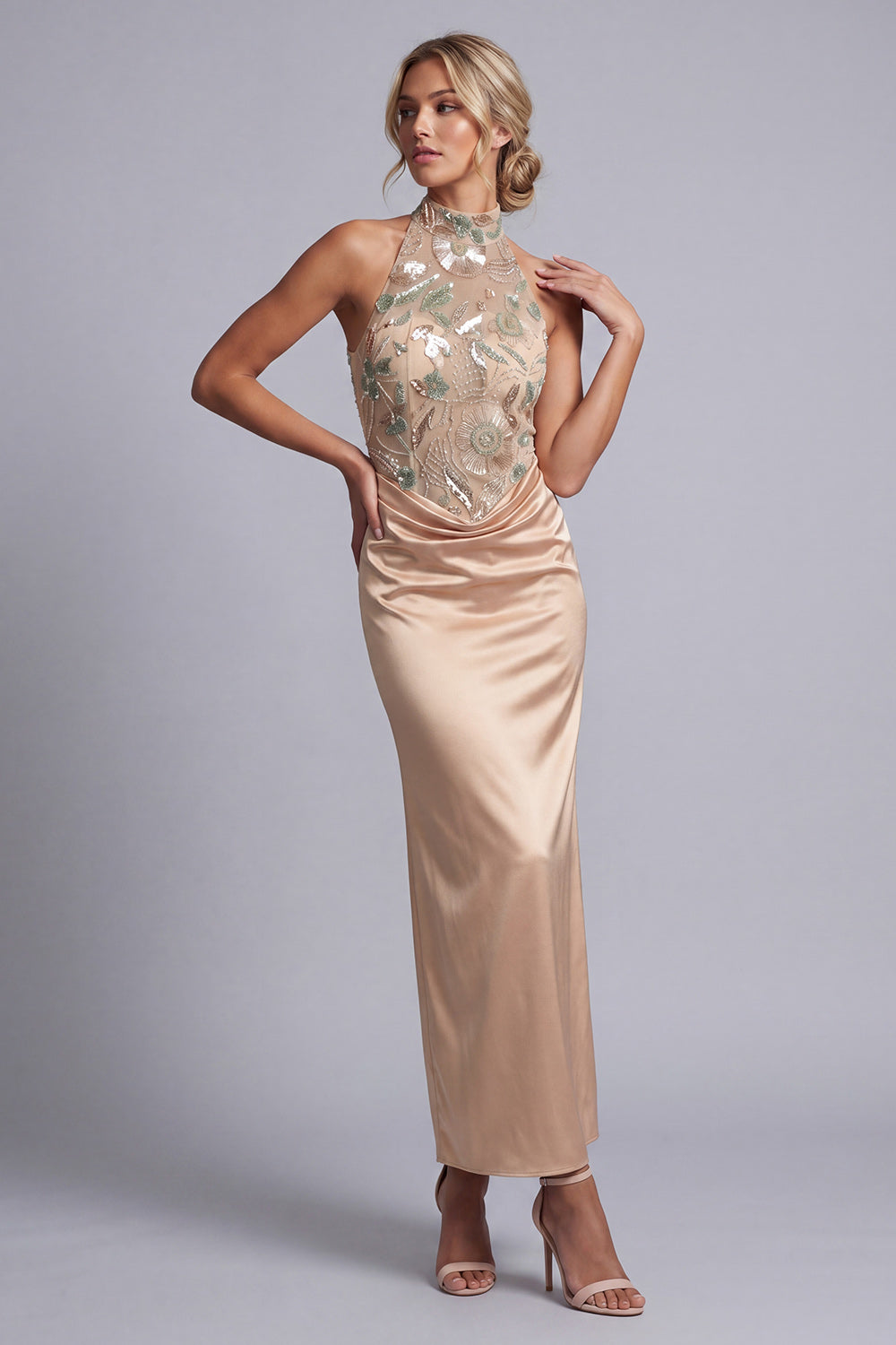 Beaded Floral Champagne Long Mermaid Mother of the Bride Dress