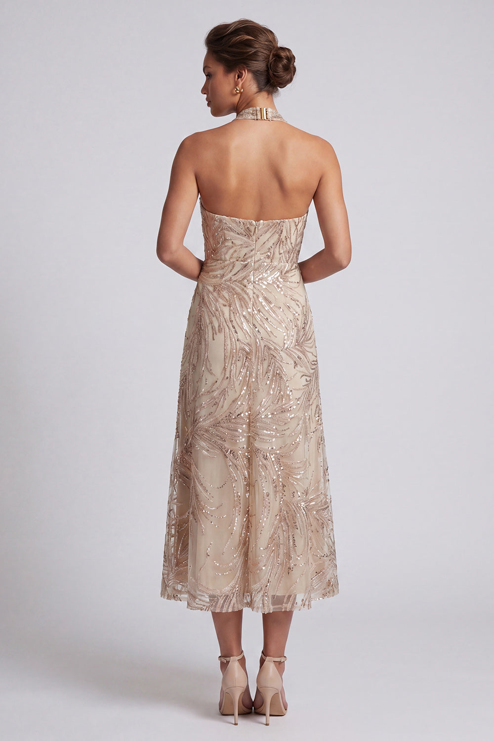Sparkly Champagne Keyhole A Line Long Beaded Mother of the Bride Dress
