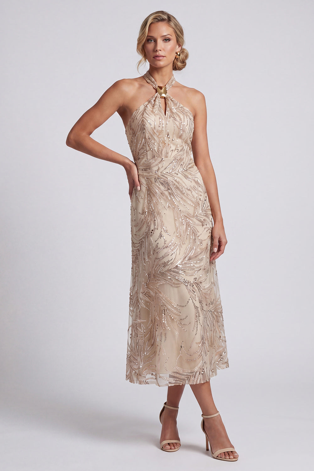 Sparkly Champagne Keyhole A Line Long Beaded Mother of the Bride Dress