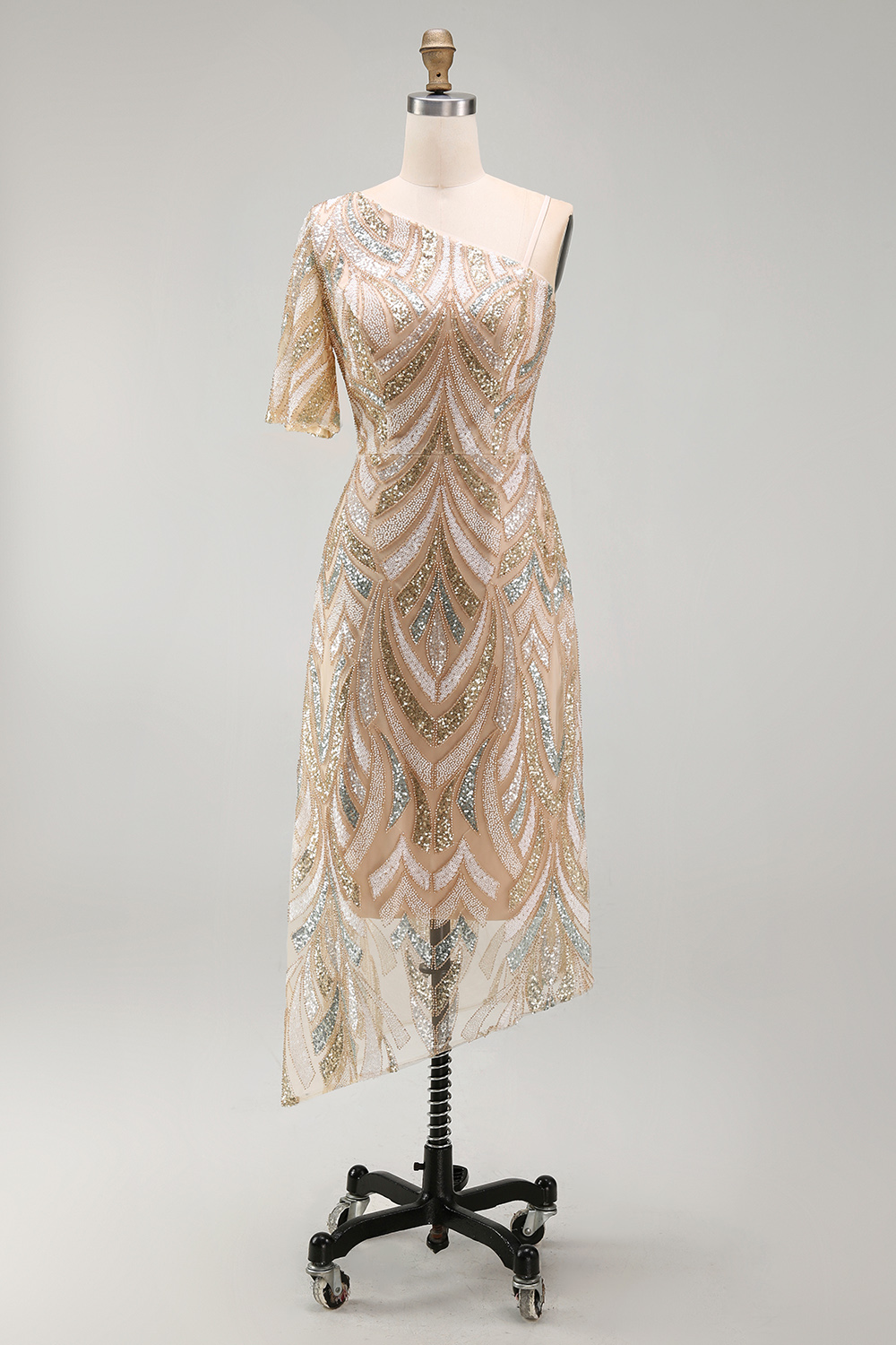 Sparkly Champagne Long One Shoulder Beaded Mother of the Bride Dress