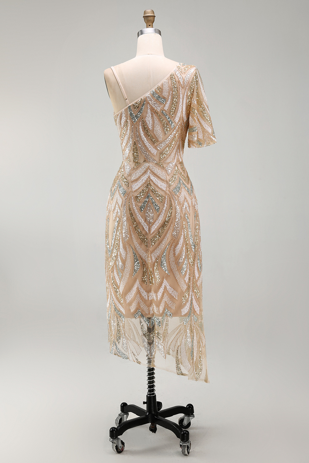 Sparkly Champagne Long One Shoulder Beaded Mother of the Bride Dress
