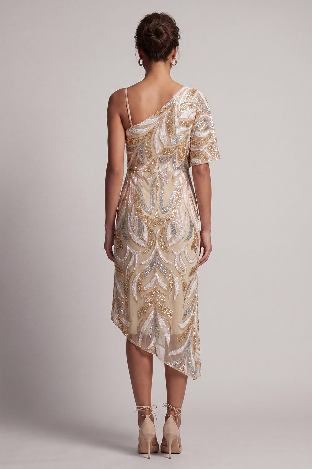 Sparkly Champagne Long One Shoulder Beaded Mother of the Bride Dress