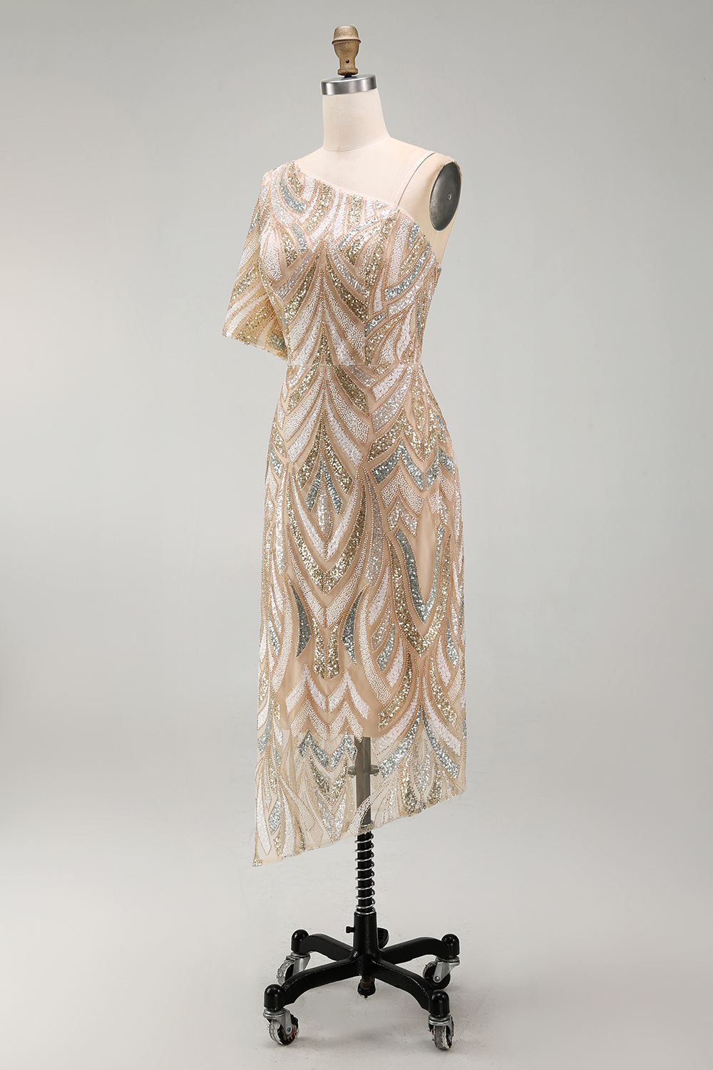 Sparkly Champagne Long One Shoulder Beaded Mother of the Bride Dress