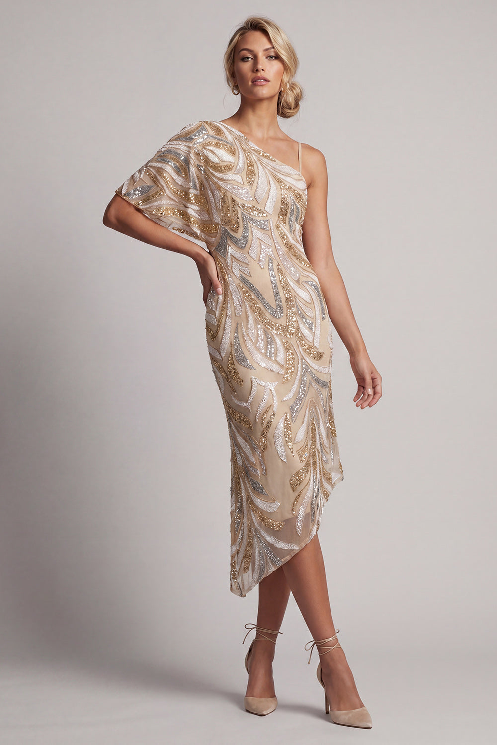 Sparkly Champagne Long One Shoulder Beaded Mother of the Bride Dress