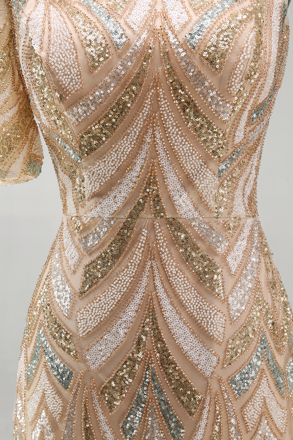 Sparkly Champagne Long One Shoulder Beaded Mother of the Bride Dress