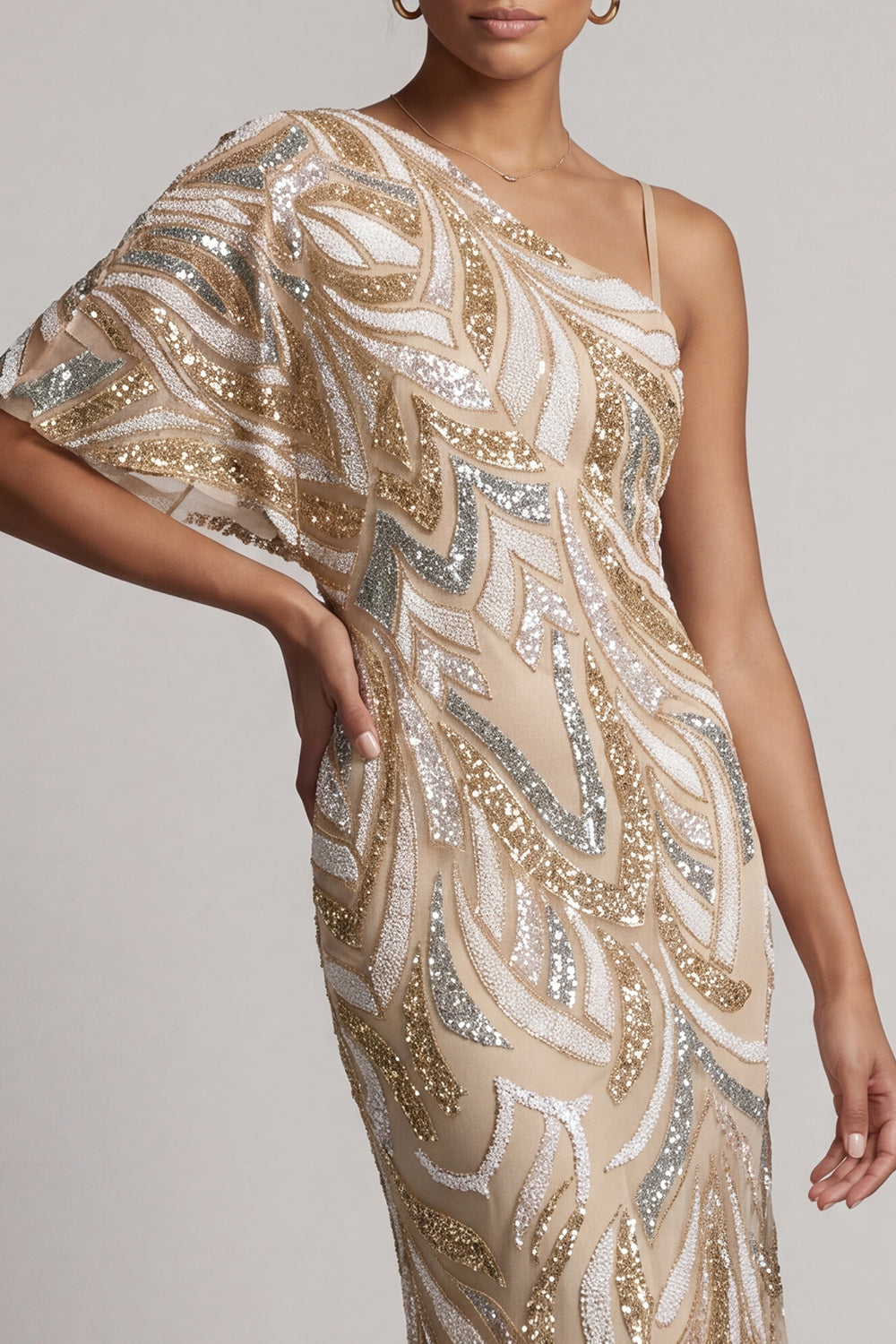 Sparkly Champagne Long One Shoulder Beaded Mother of the Bride Dress