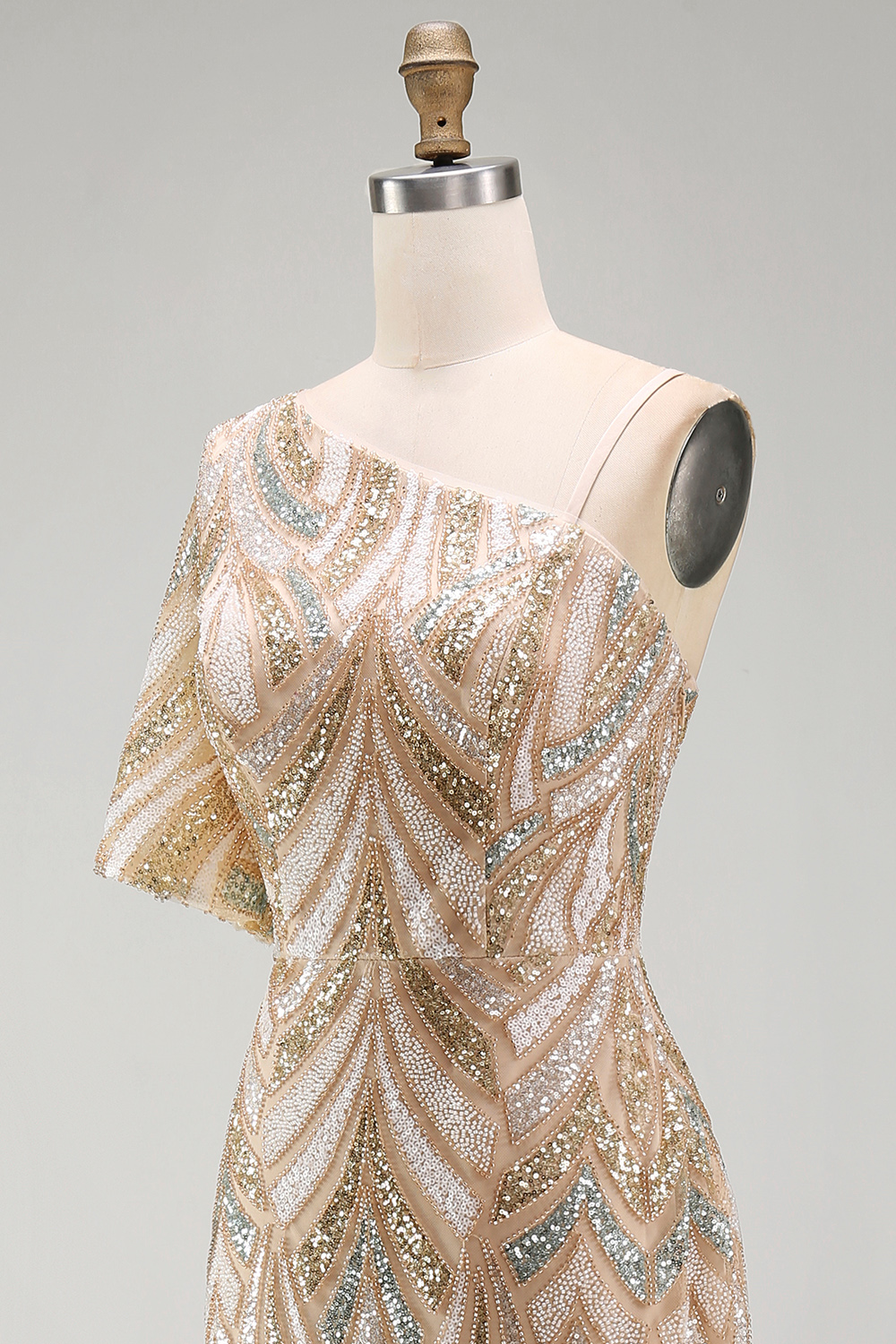 Sparkly Champagne Long One Shoulder Beaded Mother of the Bride Dress