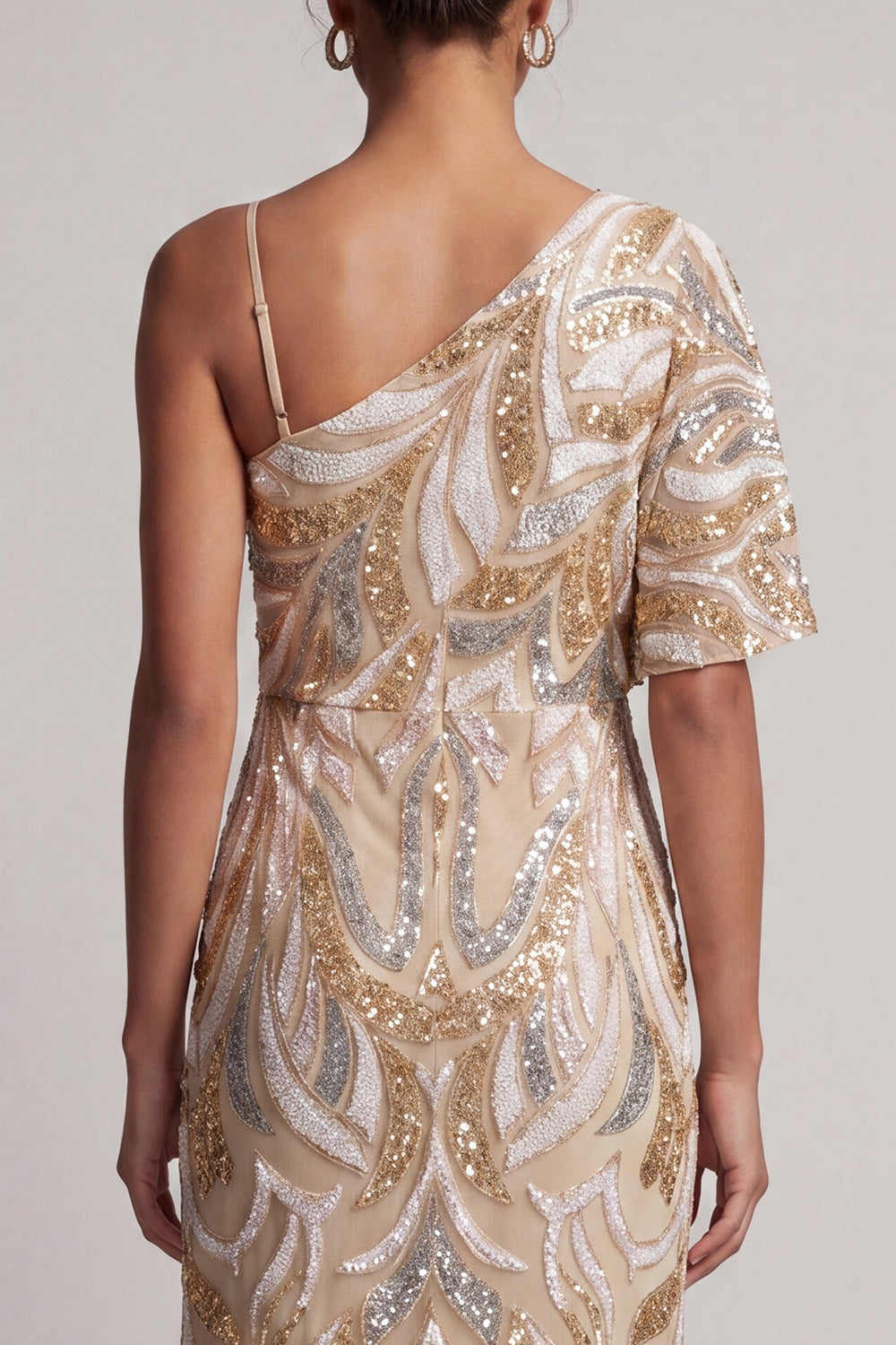 Sparkly Champagne Long One Shoulder Beaded Mother of the Bride Dress