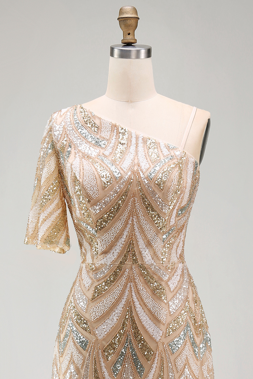 Sparkly Champagne Long One Shoulder Beaded Mother of the Bride Dress