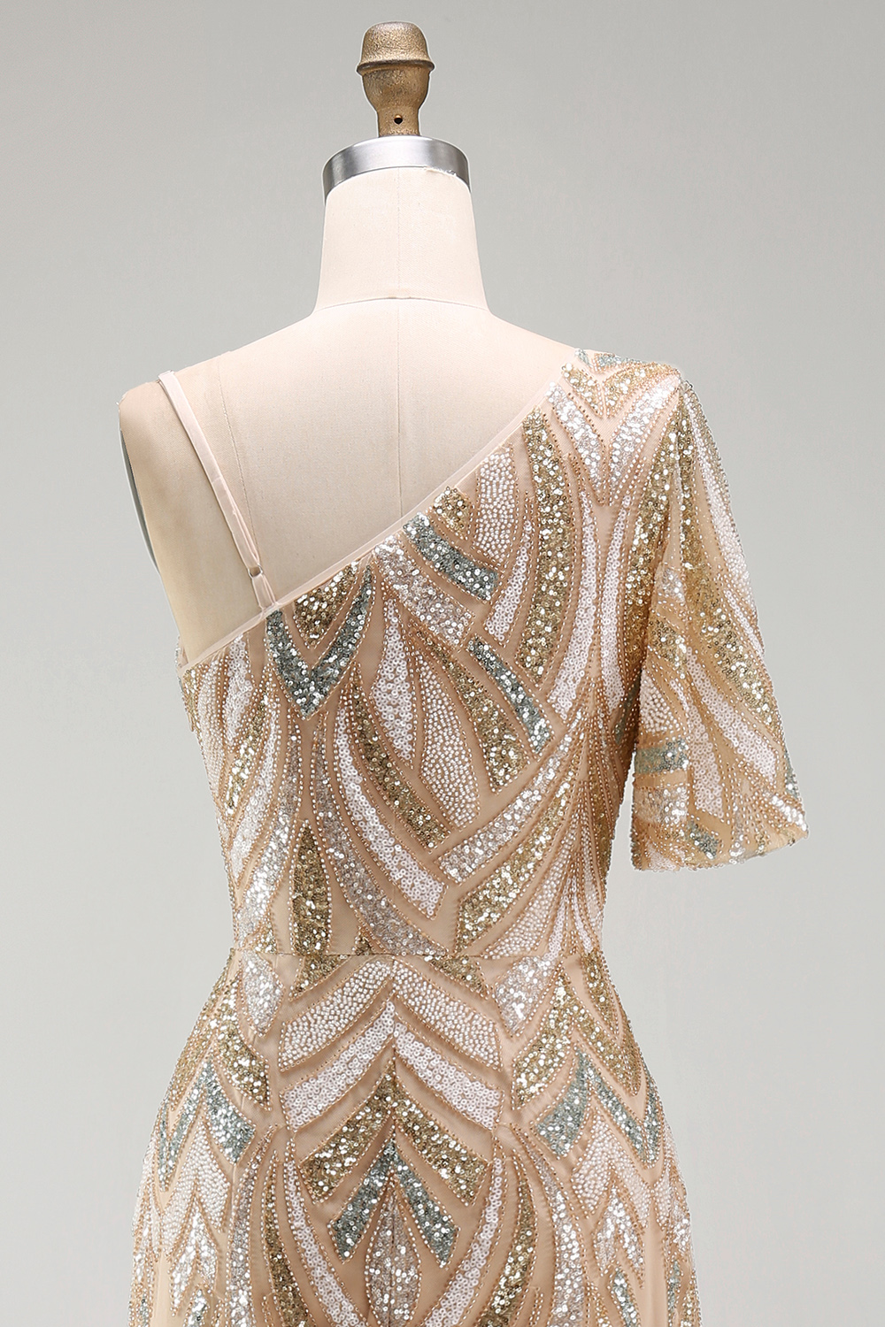 Sparkly Champagne Long One Shoulder Beaded Mother of the Bride Dress