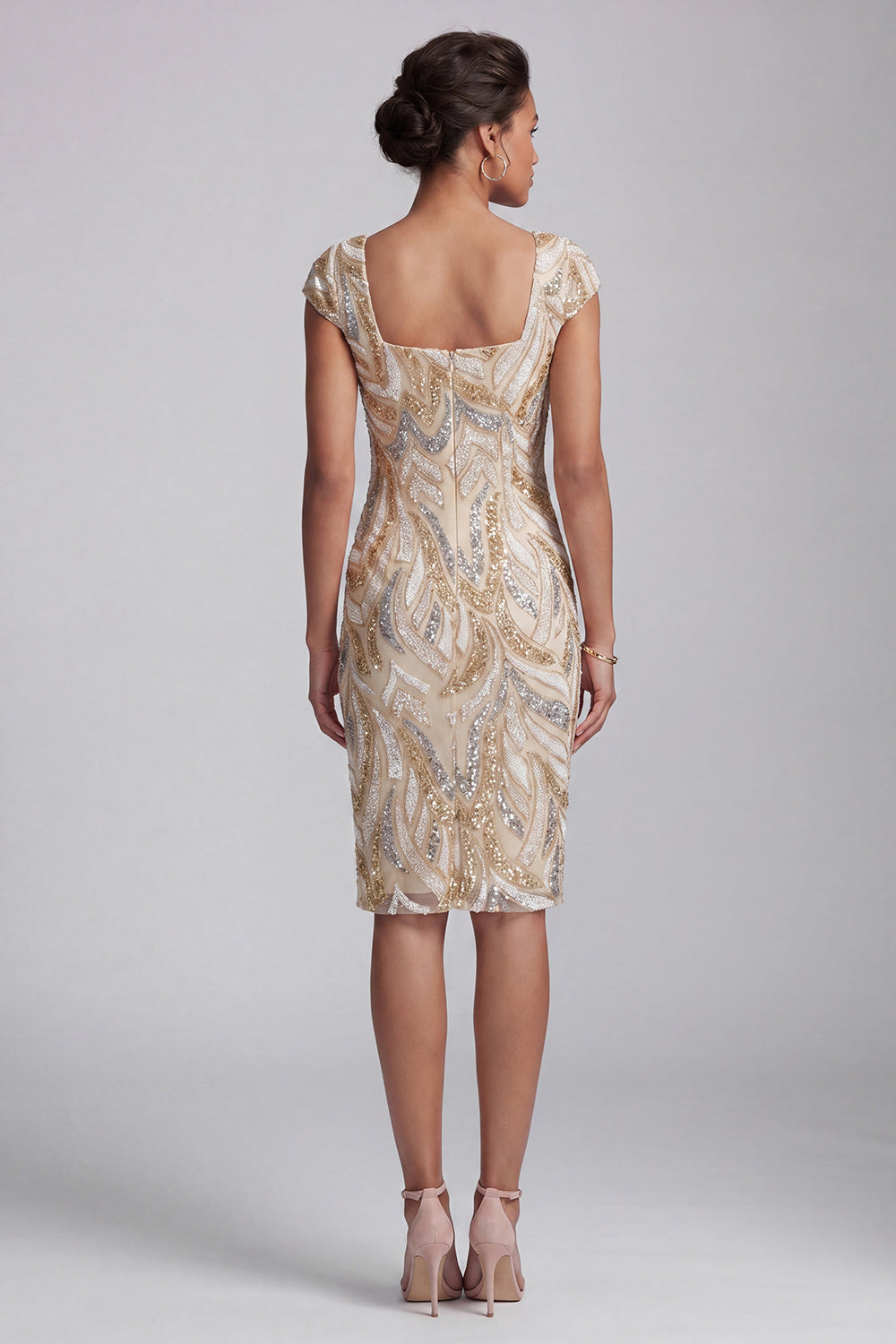 Sparkly Champagne Square Neck Midi Beaded Mother of the Bride Dress