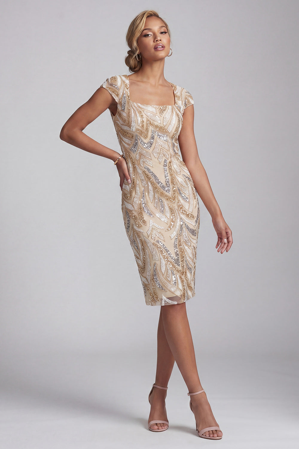 Sparkly Champagne Square Neck Midi Beaded Mother of the Bride Dress