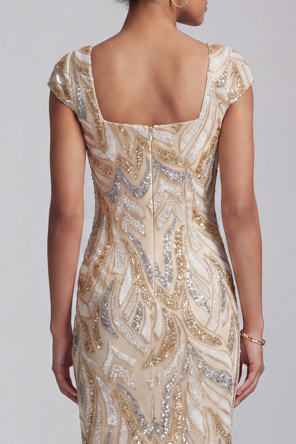 Sparkly Champagne Square Neck Midi Beaded Mother of the Bride Dress