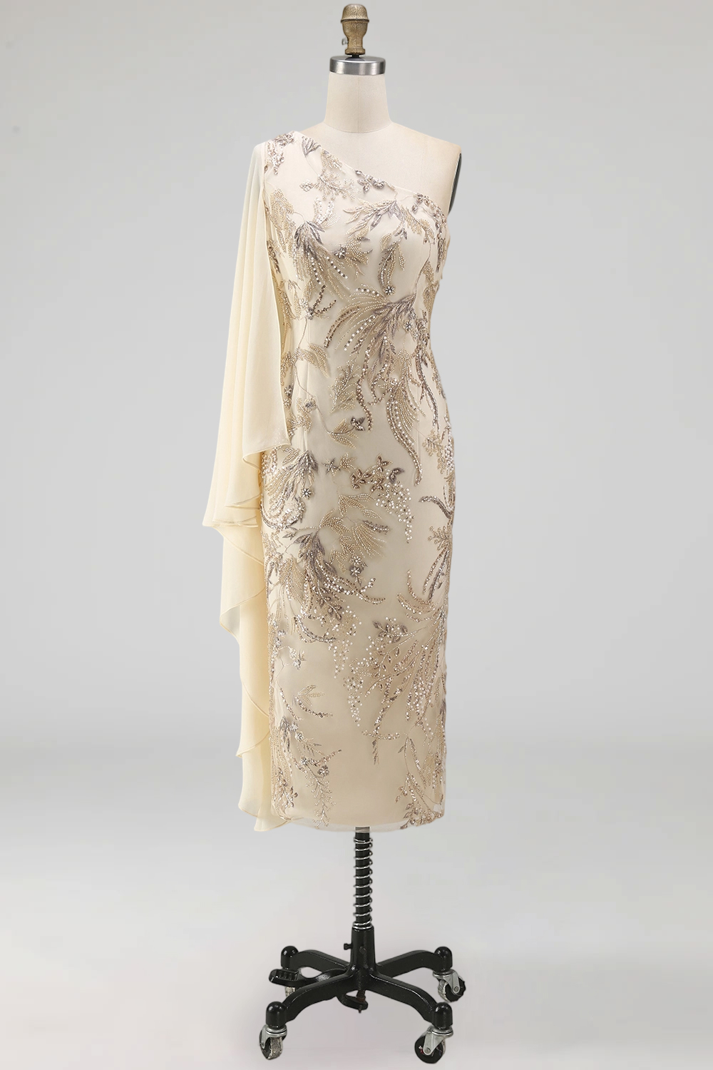 Sparkly Champagne Beaded Long Mother of the Bride Dress with Side Cape