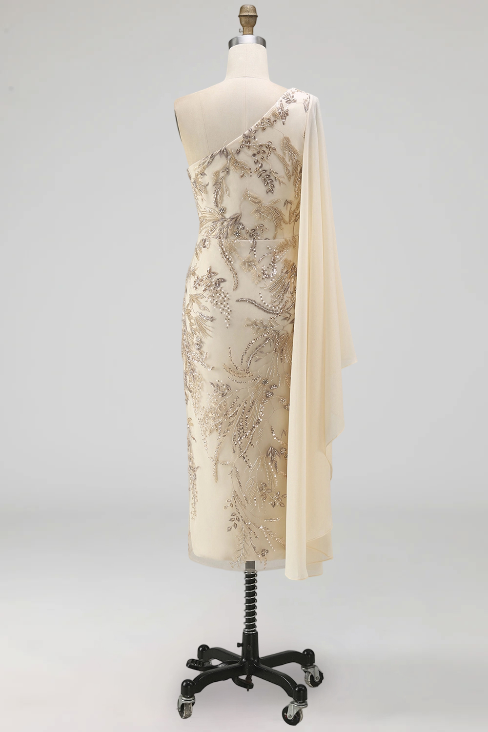 Sparkly Champagne Beaded Long Mother of the Bride Dress with Side Cape