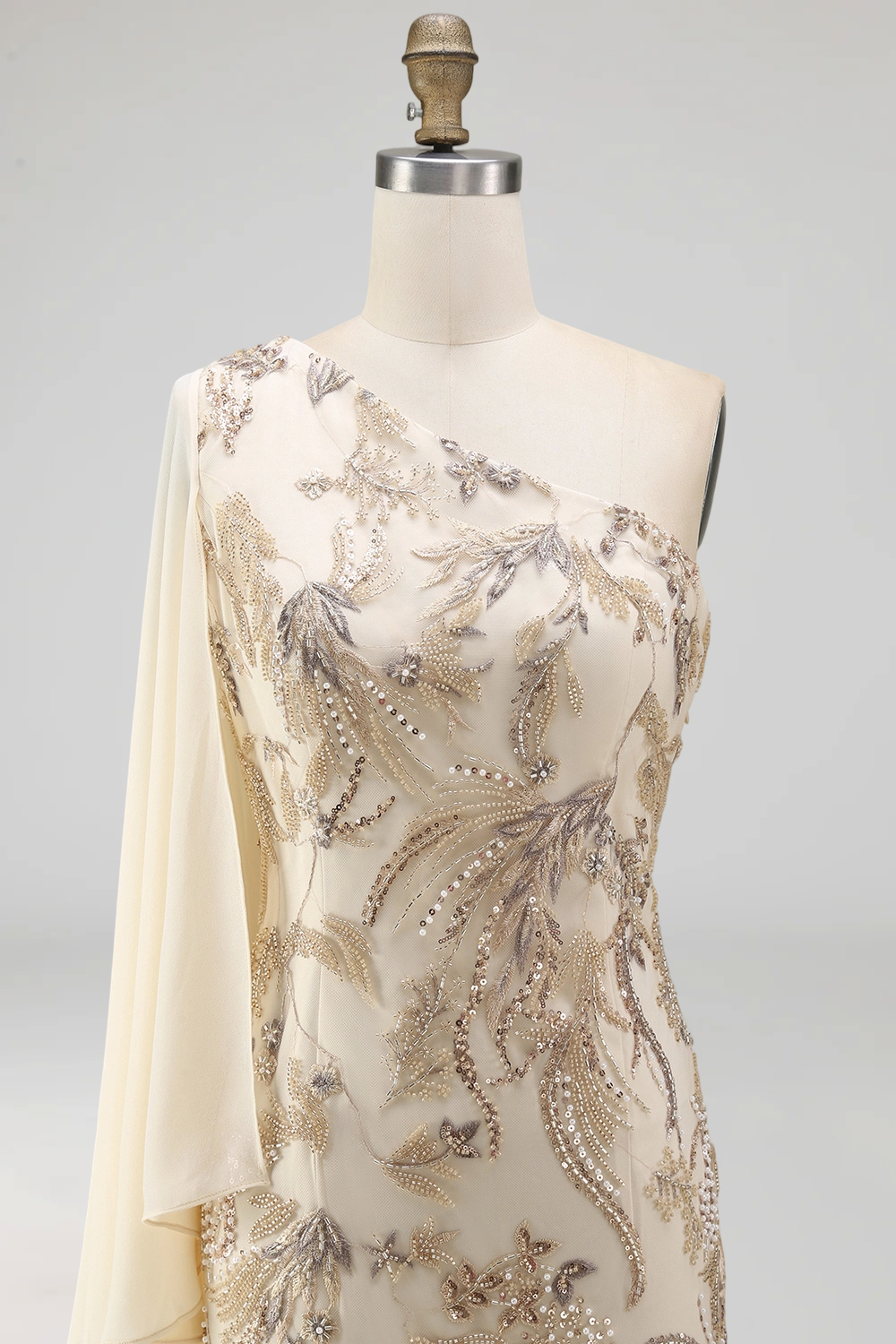 Sparkly Champagne Beaded Long Mother of the Bride Dress with Side Cape
