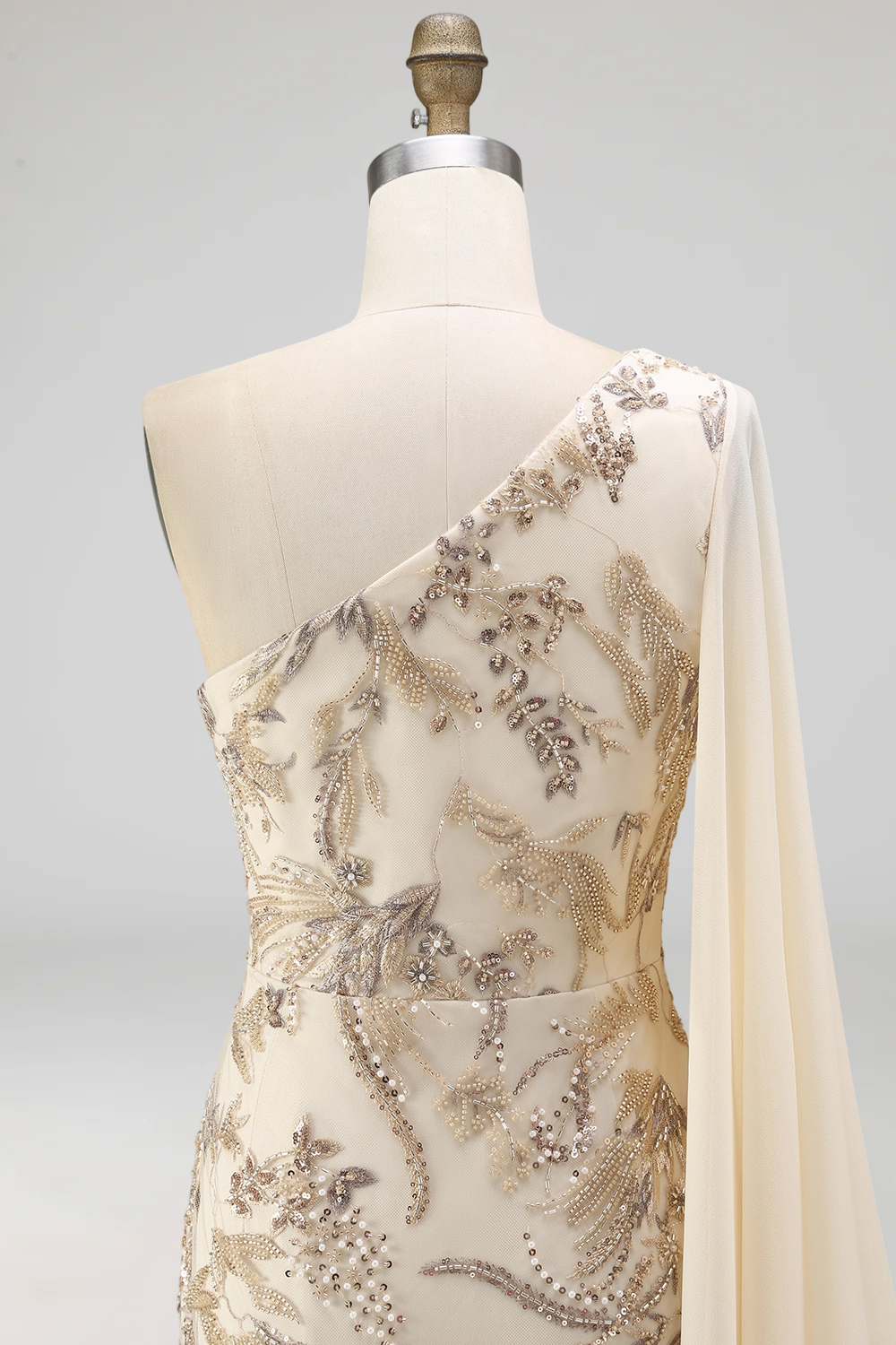 Sparkly Champagne Beaded Long Mother of the Bride Dress with Side Cape