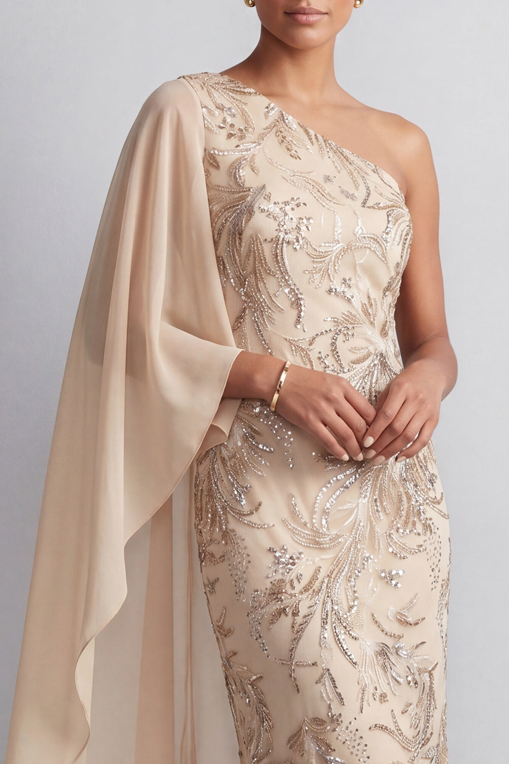 Sparkly Champagne Beaded Long Mother of the Bride Dress with Side Cape
