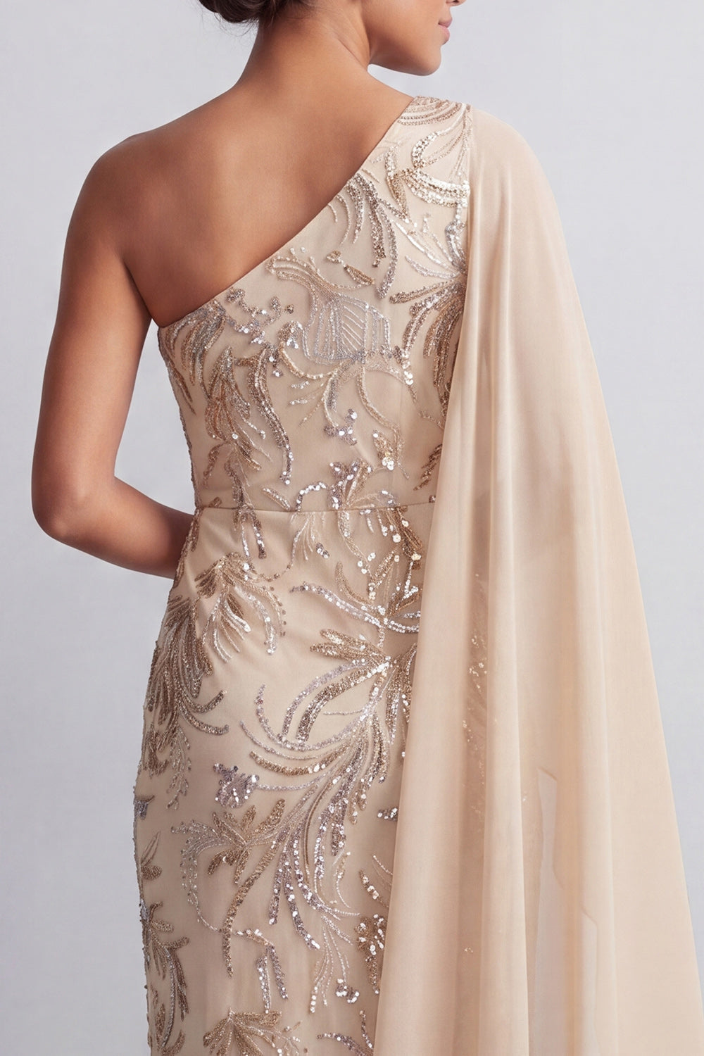 Sparkly Champagne Beaded Long Mother of the Bride Dress with Side Cape