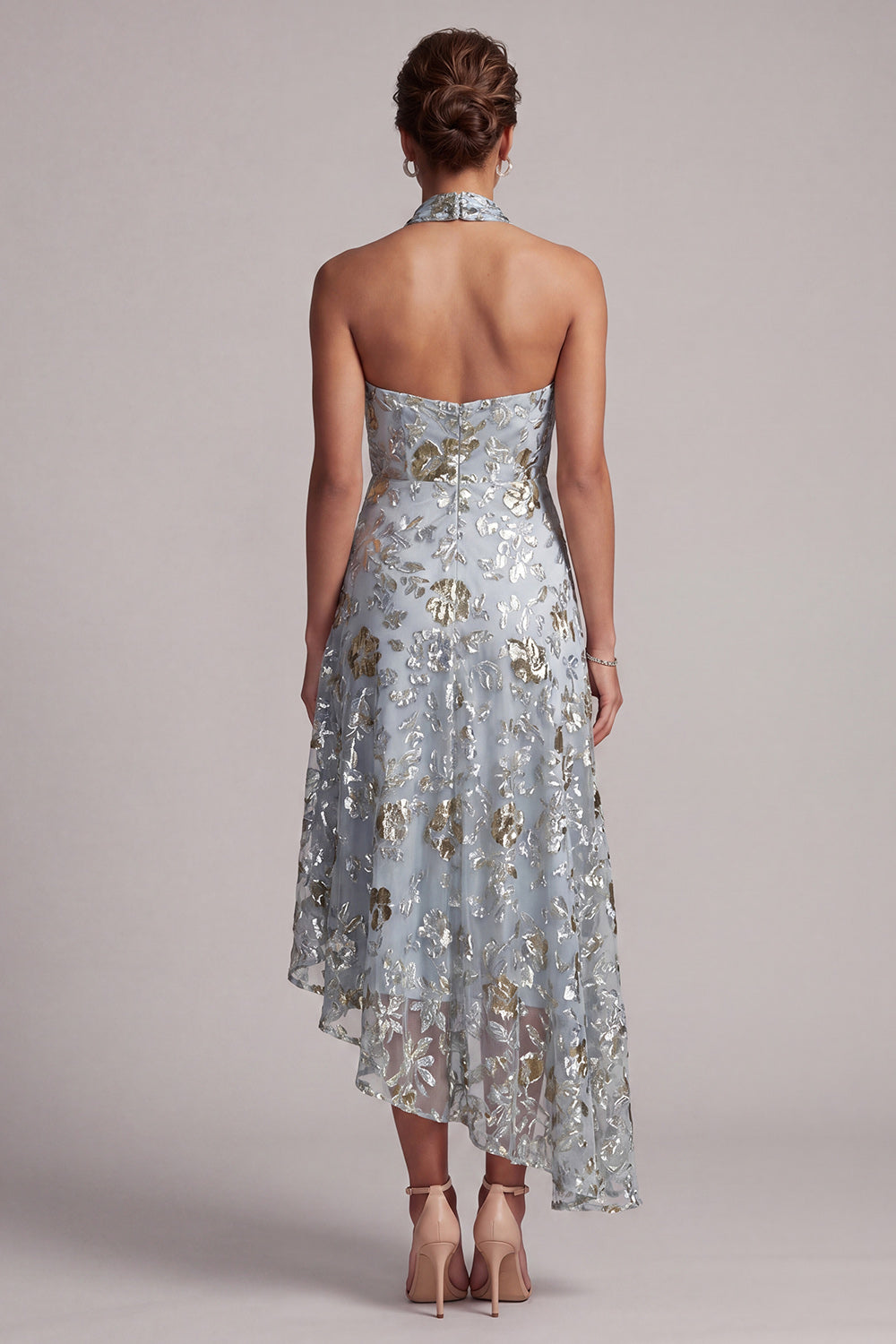 Sparkly Grey Blue A Line Asymmetrical Floral Beaded Mother of the Bride Dress