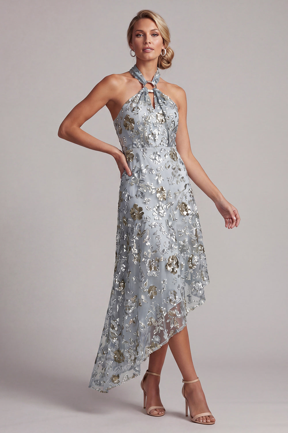 Sparkly Grey Blue A Line Asymmetrical Floral Beaded Mother of the Bride Dress