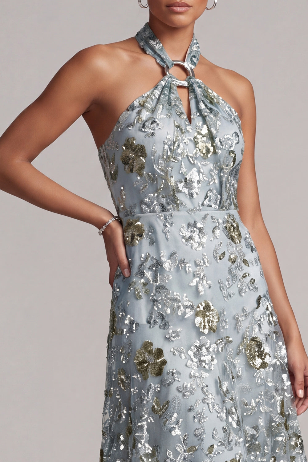 Sparkly Grey Blue A Line Asymmetrical Floral Beaded Mother of the Bride Dress