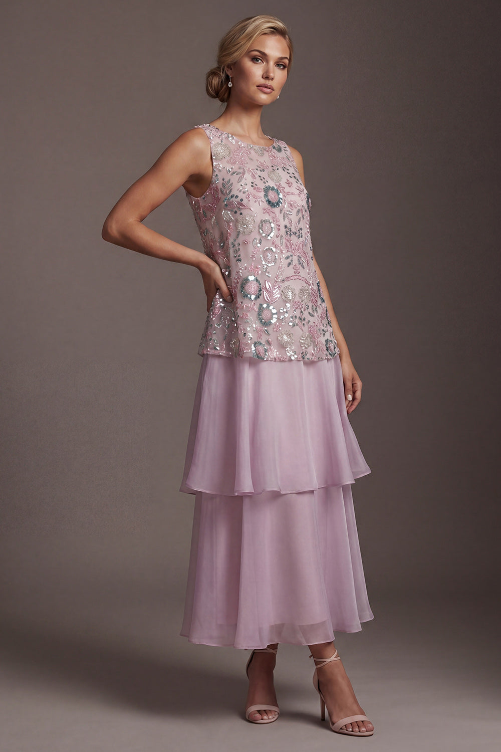 Sparkly Lilac Beaded A Line Long Mother of the Bride Dress with Ruffles