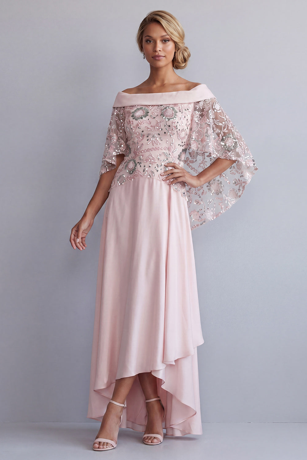 Sparkly Light Pink Floral A Line Long Beaded Mother of the Bride Dress with Cape