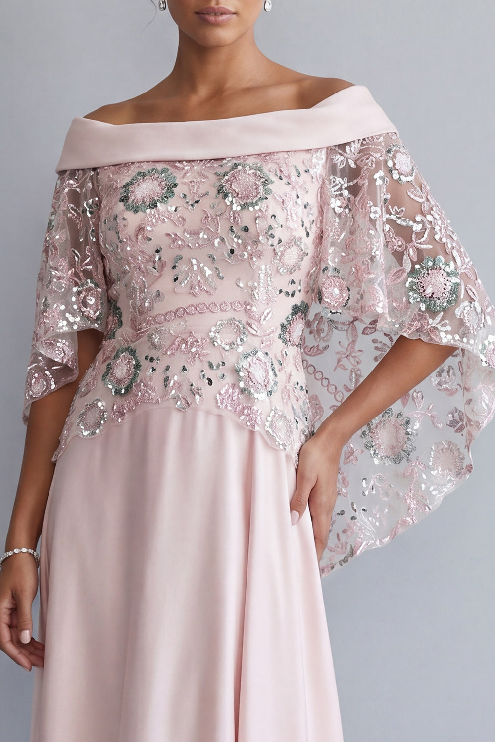 Sparkly Light Pink Floral A Line Long Beaded Mother of the Bride Dress with Cape