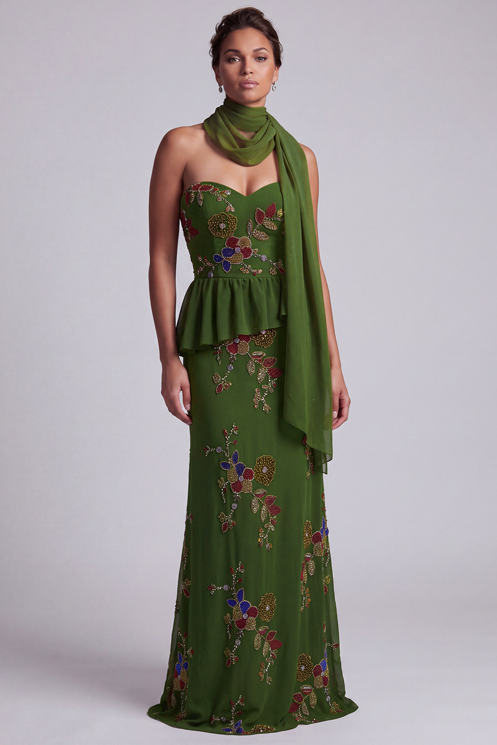 Olive Long Mermaid Strapless Floral Beaded Mother of the Bride Dress with Ruffles