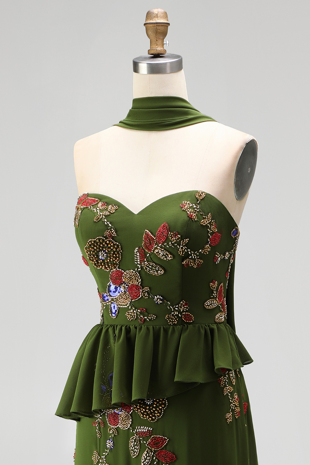 Olive Long Mermaid Strapless Floral Beaded Mother of the Bride Dress with Ruffles