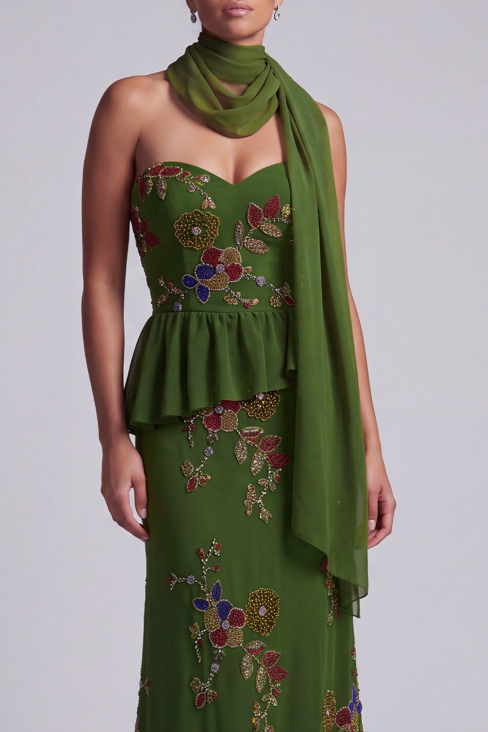 Olive Long Mermaid Strapless Floral Beaded Mother of the Bride Dress with Ruffles