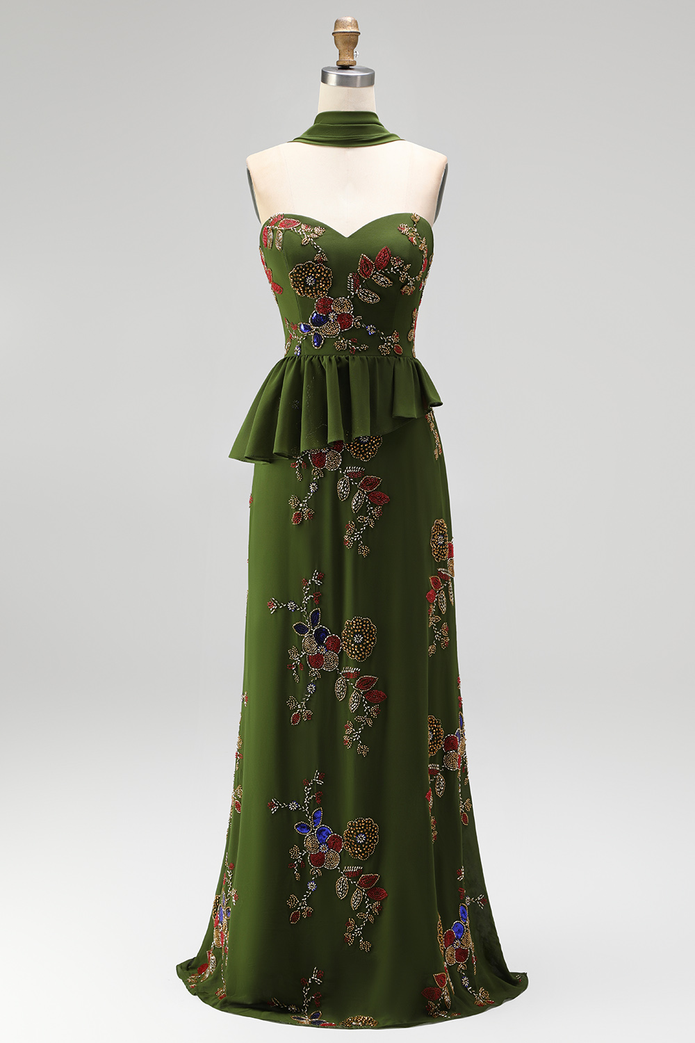 Olive Long Mermaid Strapless Floral Beaded Mother of the Bride Dress with Ruffles