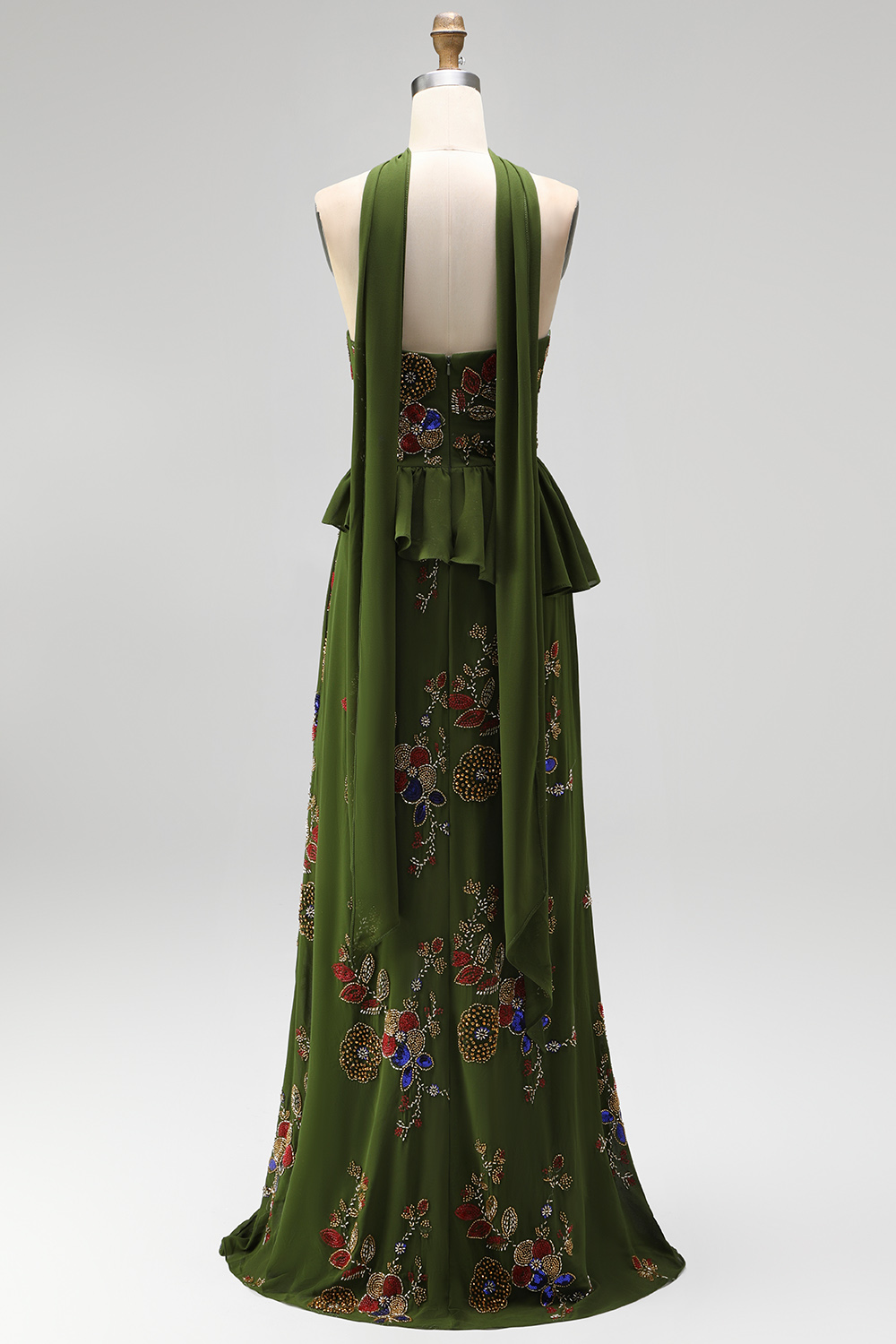 Olive Long Mermaid Strapless Floral Beaded Mother of the Bride Dress with Ruffles