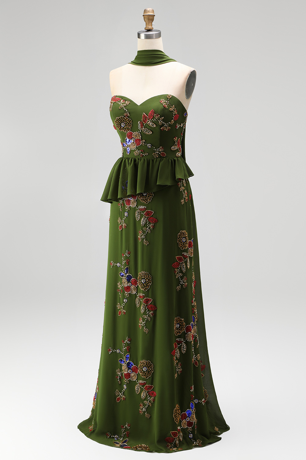 Olive Long Mermaid Strapless Floral Beaded Mother of the Bride Dress with Ruffles