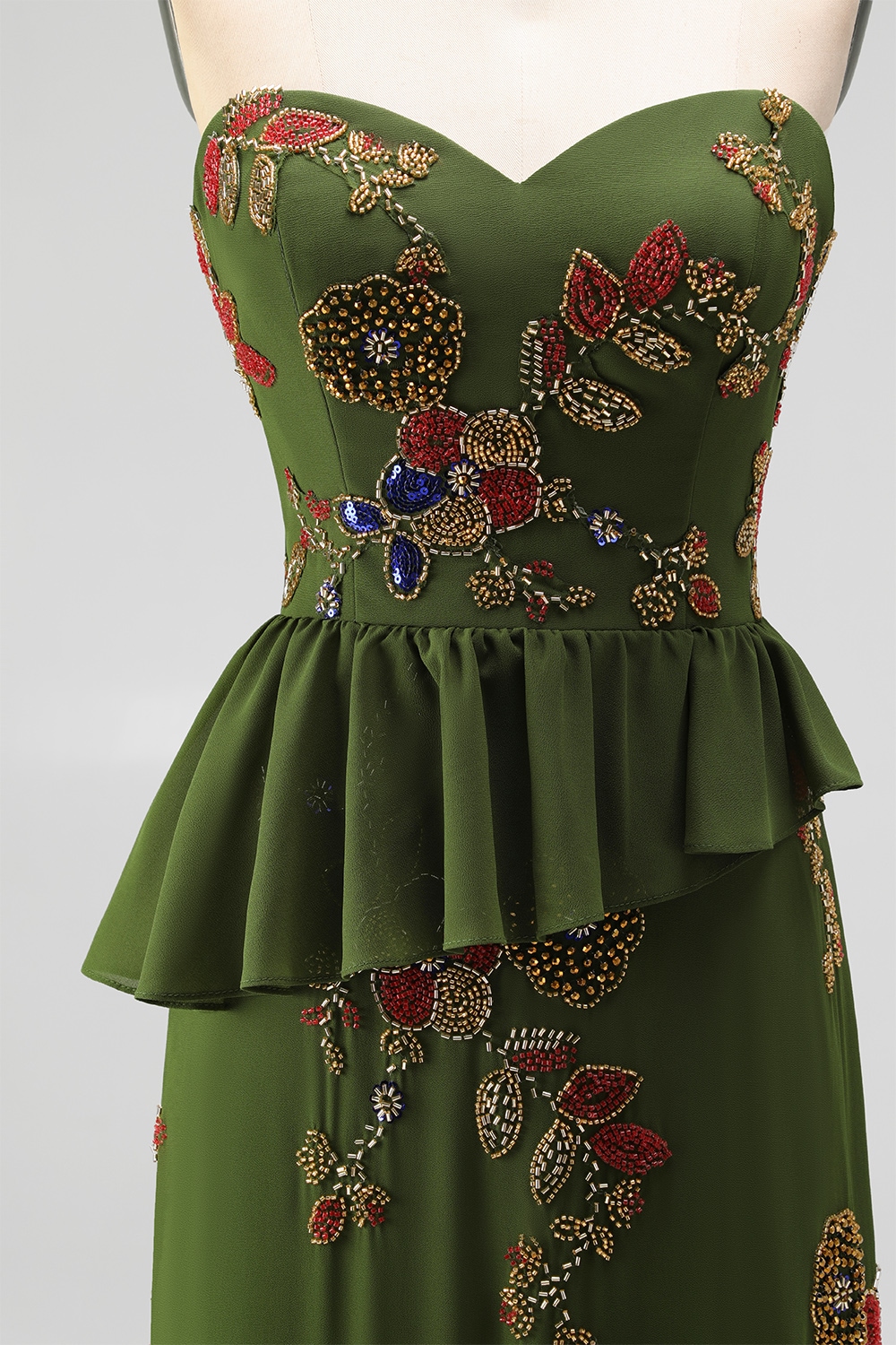 Olive Long Mermaid Strapless Floral Beaded Mother of the Bride Dress with Ruffles