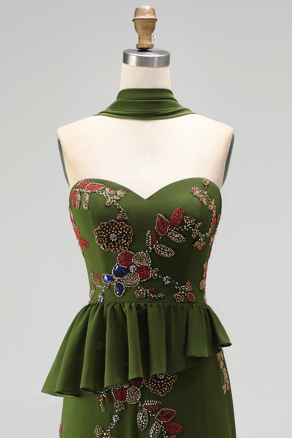 Olive Long Mermaid Strapless Floral Beaded Mother of the Bride Dress with Ruffles